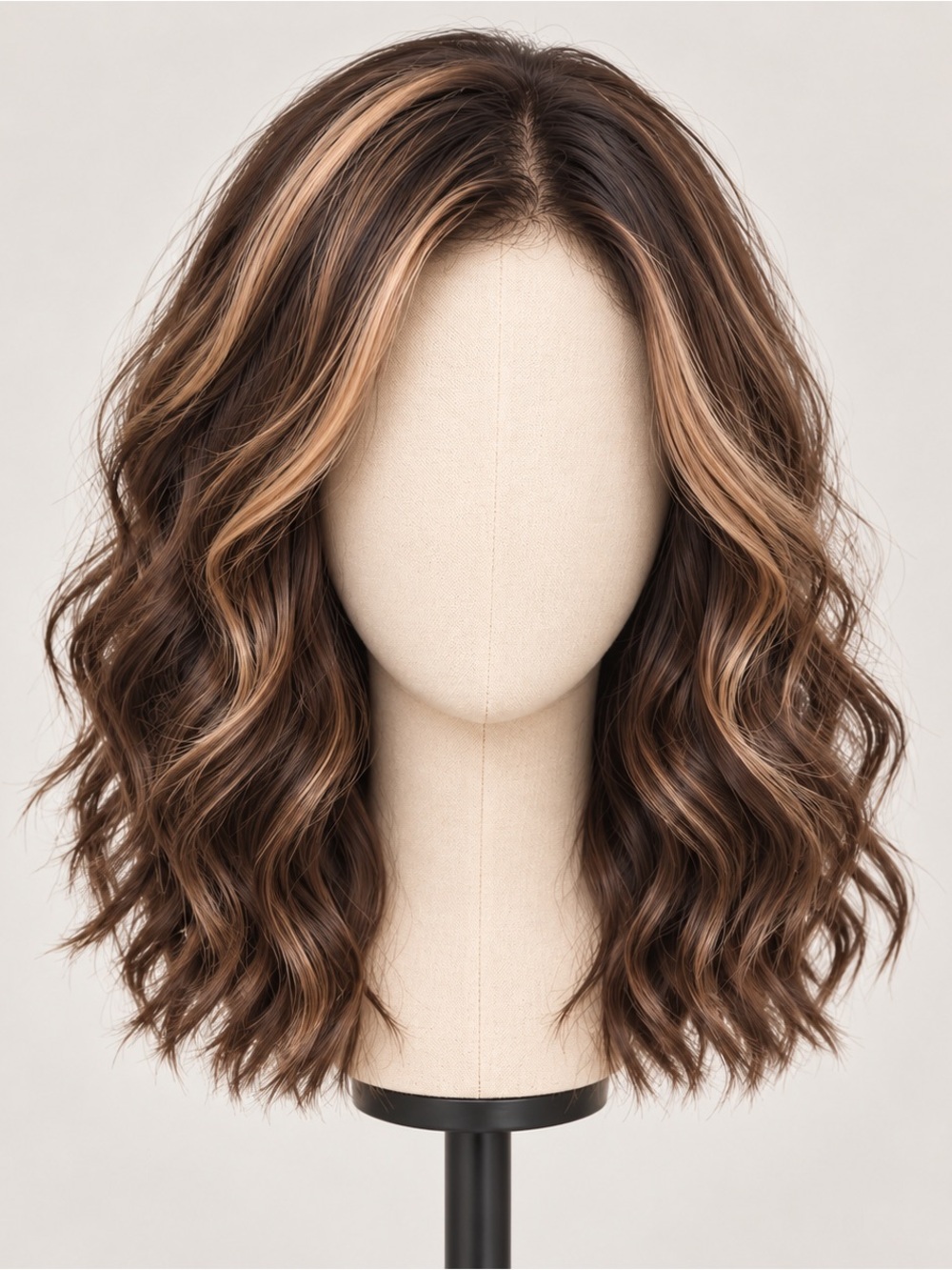 Brown Wavy Wig with Caramel Highlights & Adjustable Strap